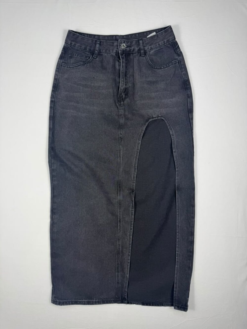 SHEIN Washed Black Denim Maxi Skirt Front Slit M